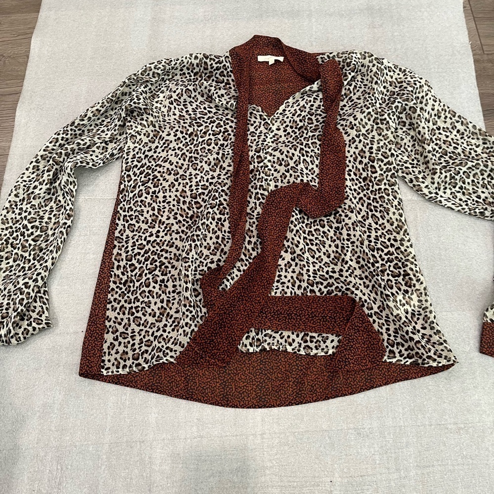 [S]Mystree Orange and Black Leopard Patterned Blouse Neck Tie NWOT